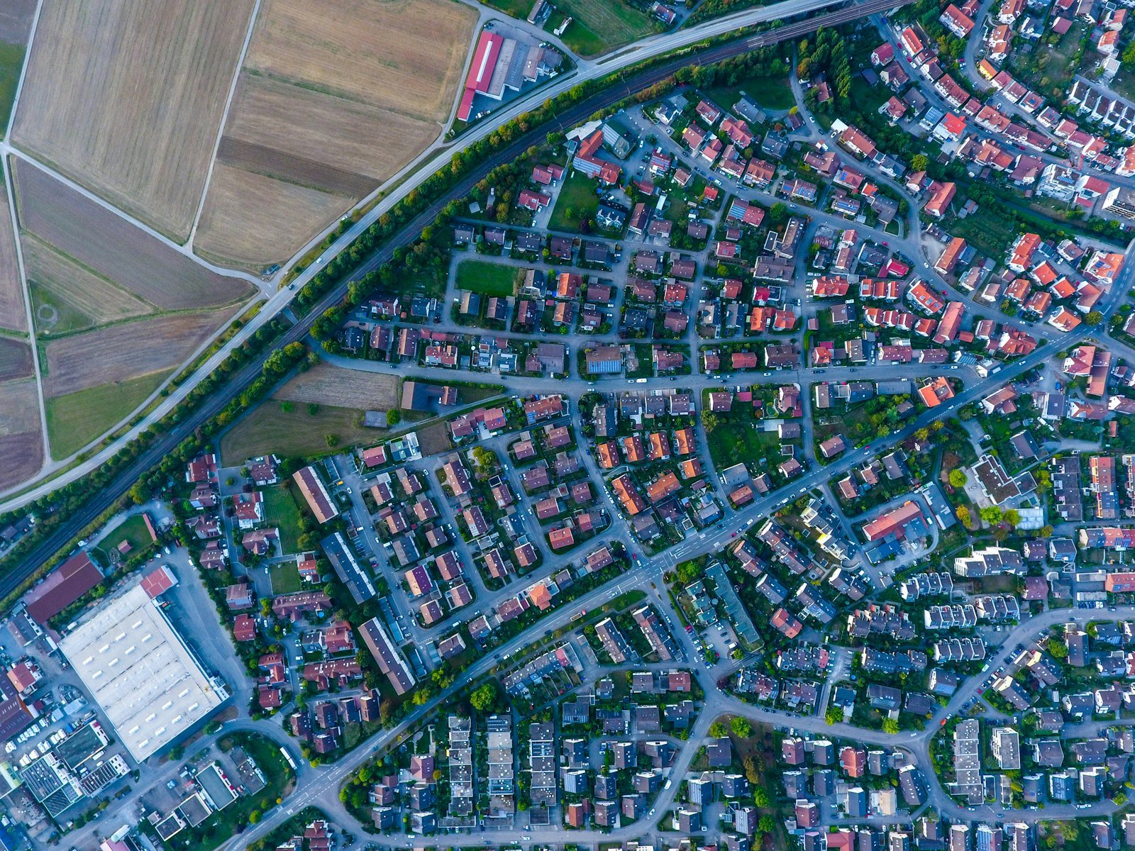 Aerial view of a town and its streets